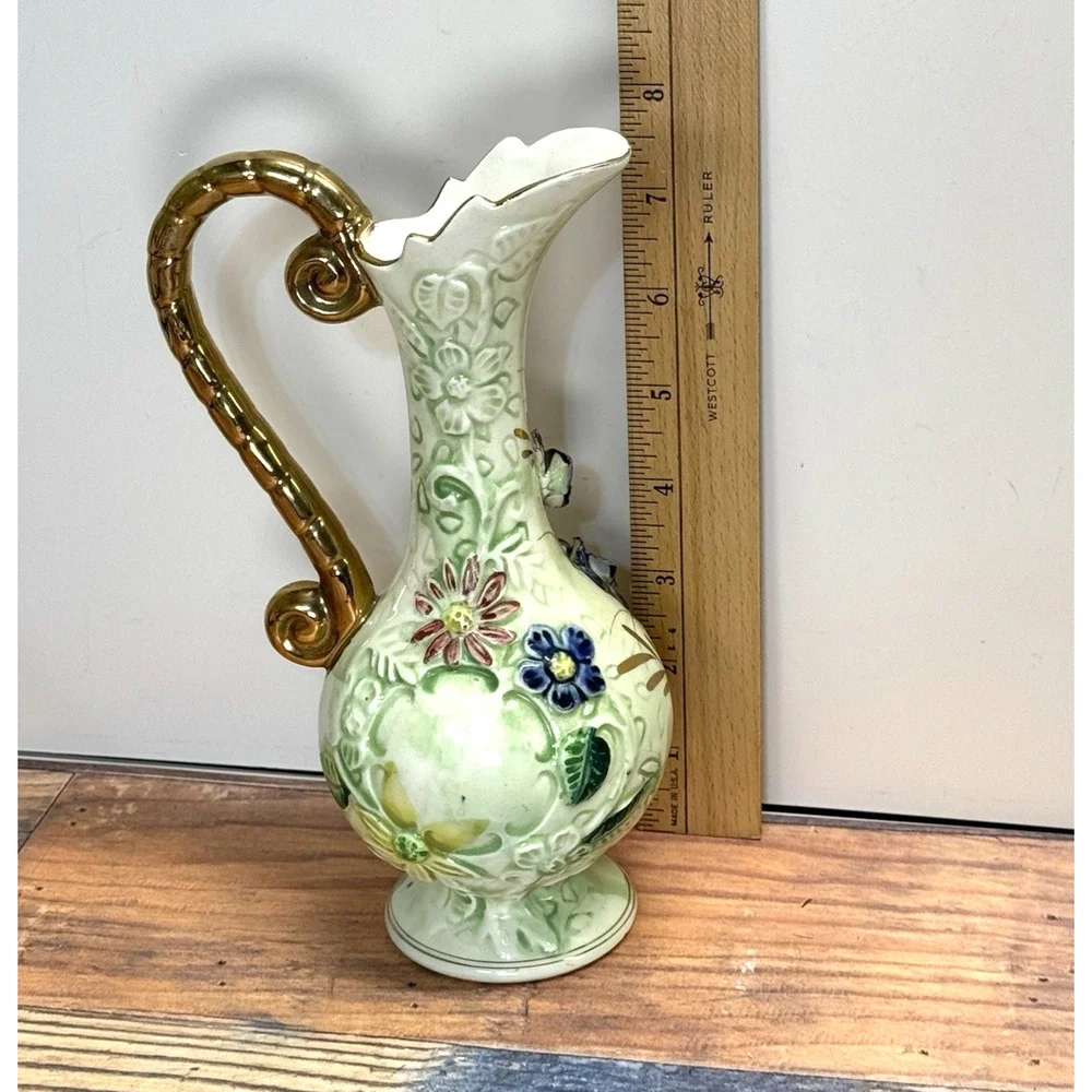 Vtg West Pac Japan‎ Porcelain Hand Painted Gold Trim Floral Relief Vase Pitcher